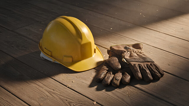 Worn yellow hard hat and leather work gloves with wood shavings on wooden workbench