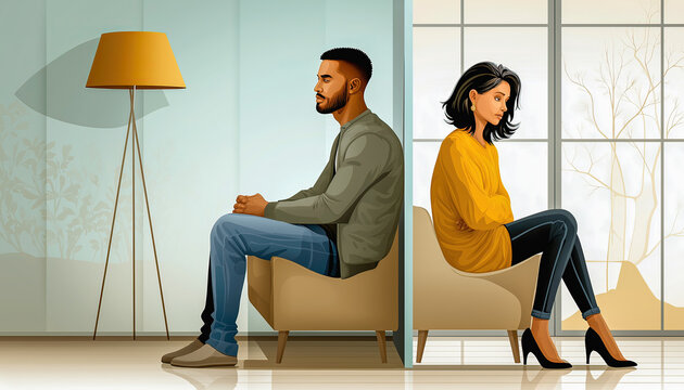 Young couple sitting back to back avoiding communication after quarrel