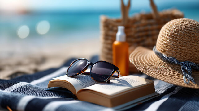 Overhead flat lay of sun hats sunglasses a straw bag sunscreen bottle and a paperback book arranged on a bright softly defocused beach towel beach essentials summer packing