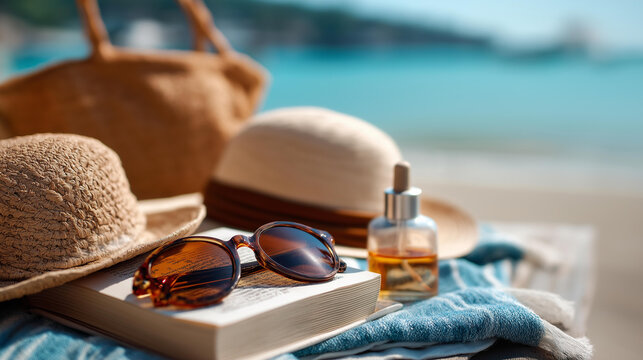 Overhead flat lay of sun hats sunglasses a straw bag sunscreen bottle and a paperback book arranged on a bright softly defocused beach towel beach essentials summer packing