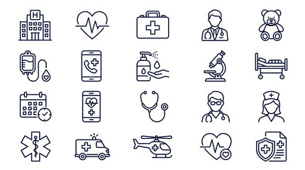Fototapeta premium medical icons set Collection of modern thin line icons related to medical, healthcare, and hospital services. The set includes symbols such as hospital building, heartbeat, first aid kit, doctor, tedd