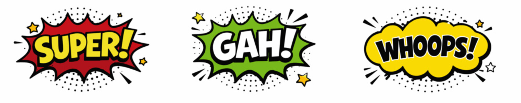 Comic pop art speech bubble sticker set with SUPER, GAH, and WHOOPS exclamations in red, green, and yellow burst shapes on white background.
