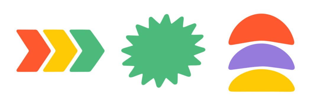 Three bold flat icons &mdash; red chevron arrows, a green starburst, and a purple-yellow layered semicircle arch on white background. Dynamic graphic set.