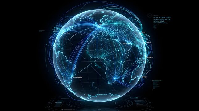 Global network traffic visualization on digital earth globe showing major city connections and data transfer rates.