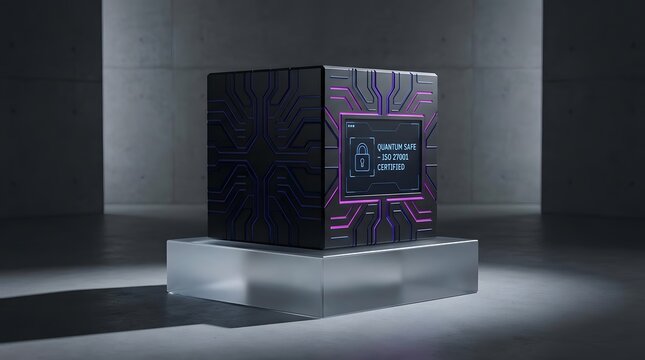 Quantum safe digital vault cube with ISO 27001 certification display. Concept of advanced data encryption and cybersecurity.