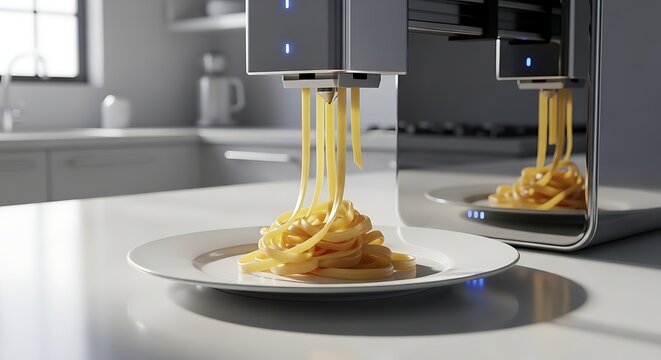 A futuristic 3D printer automatically extrudes fresh fettuccine pasta onto a pristine white plate.