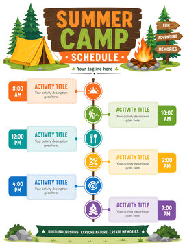 Summer camp schedule template featuring a vibrant outdoor forest theme with a yellow tent and a warm campfire for organizing daily events and activities for children and young students at nature