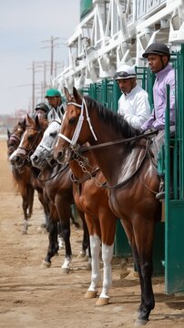 Racehorses waiting in the starting gate with jockeys