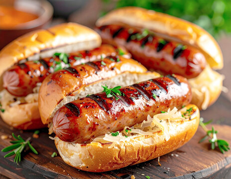 Beer brats with sauerkraut in a bun, macro shot. AI