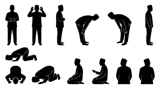 Islamic prayer positions, Namaz salah, silhouette, black and white