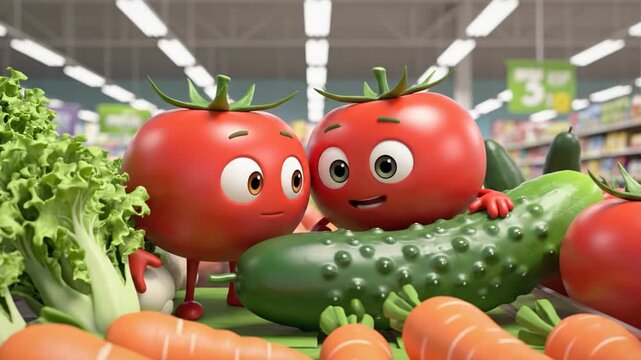 Two cute tomato cartoon characters with fresh vegetables in store
