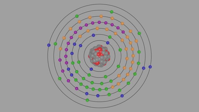 3D animation of the uranium (U) atom in the Bohr model with electron orbits, subshells, nucleus, protons, neutrons, and energy levels, ideal for STEM education and scientific visualization.
