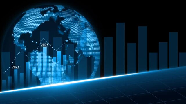 Digital globe with dotted map rising bar charts and line graph labeled 2022 to 2026 animation