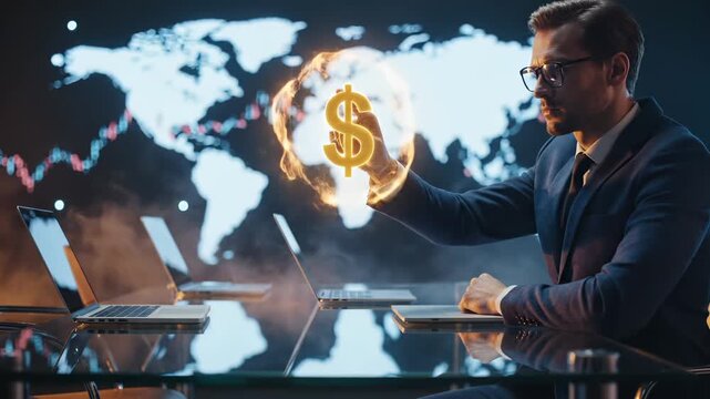 Businessman uses tablet at desk with holographic dollar and world map display. Man touches dollar icon near global map screen. Male works on tablet with currency hologram and world chart.