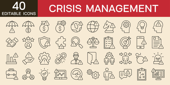 Crisis management icons vector illustration with icons of alarm, problem solving, management, incident management, business, recovery, finance, planning, decision making, editable stroke line icons 