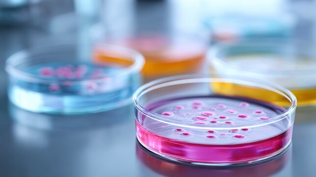 Colorful Petri Dishes with Cultured Microorganisms Displaying Bacterial Growth in Laboratory Setting for Scientific Research and Experimentation