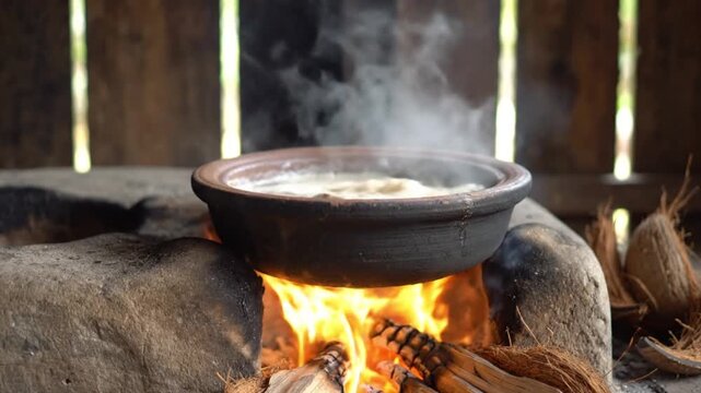Lifting Lid Off Traditional Clay Pot Boiling Over Open Wood Fire - Rustic Village Cooking
