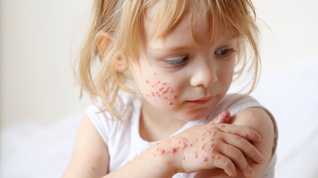 Close-up medical illustration of chickenpox viral infection symptoms on human skin, itchy red blisters and rash development, contagious varicella zoster virus disease, pediatric infectious health cond