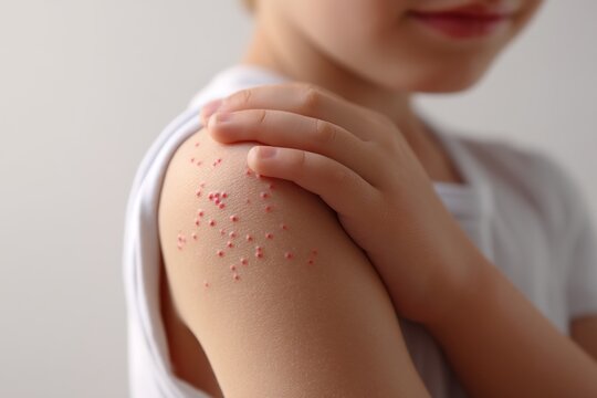Close-up medical illustration of chickenpox viral infection symptoms on human skin, itchy red blisters and rash development, contagious varicella zoster virus disease, pediatric infectious health cond