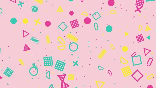 Seamlessly looping animation of Memphis style geometric shapes on pink background