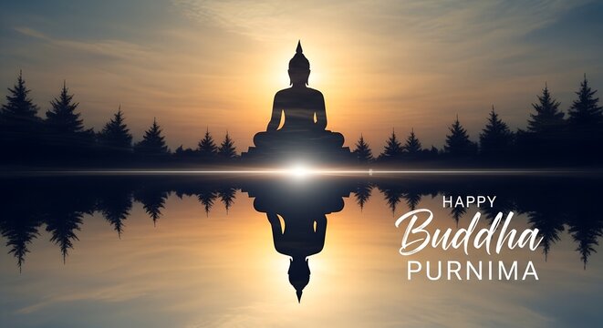 Happy Buddha Purnima serene Buddha silhouette reflection on lake at sunset spiritual background