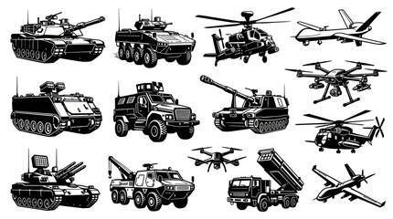 Obraz premium Black and White Line Art Military Vehicles and Aircraft Collection