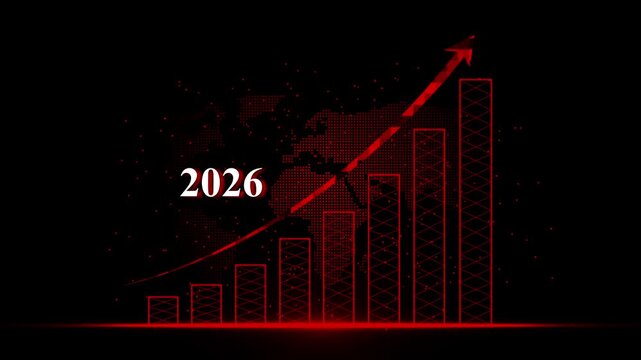 Glowing bar chart with rising arrow and year 2026 animation, dotted world map background futuristic financial growth concept animated