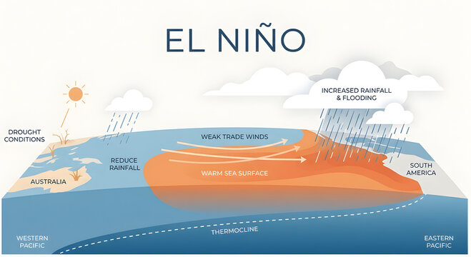 El Ni&ntilde;o Climate Phenomenon Visualized: Effects on Rainfall, Drought, and Ocean Temperatures - Diagram