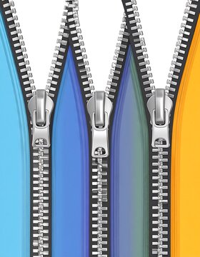 Vibrant zippers. A row of unzipped zippers reveal colorful backgrounds in blue, green, and orange, isolated on white