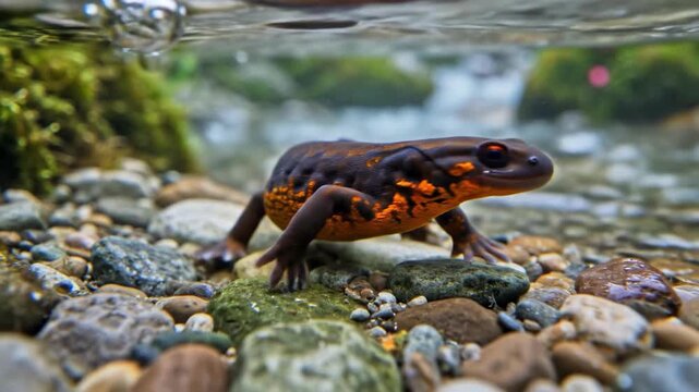 A spotted salamander swims underwater on a rocky stream bed with moss and pebbles.