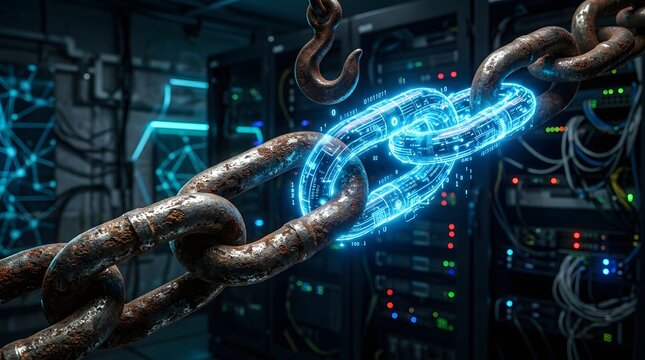 High tech metal chain link with glowing blue data circuits. Concept of blockchain security and digital connection.