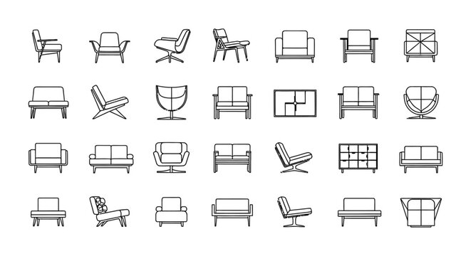 Comprehensive Collection of Architectural Furniture Icons for Interior Design Floor Plans Featuring Sofa and Couch CAD Blocks for Technical Blueprint Planning and 2D CAD