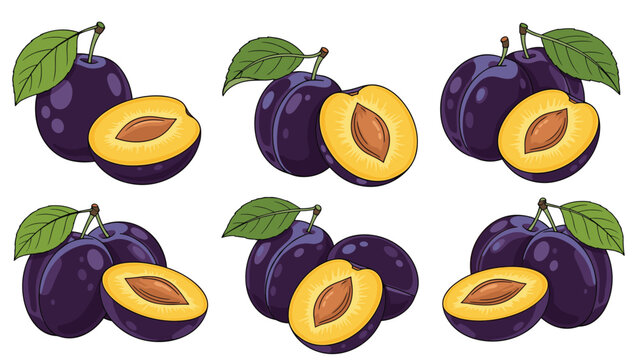 Set of ripe purple plums featuring whole fruit with green leaves and half slices showing pits on white background.