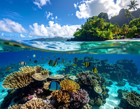 Vivid split-level ocean scene with coral reef, colorful fish, tropical island, blue sky, and fluffy clouds
