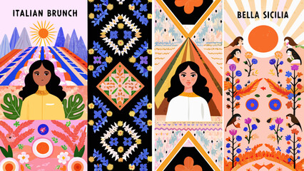 Italian themed posters a row of colorful flat vector illustrations with floral motifs © Saikat