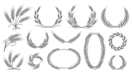 Fototapeta premium Artistic collection of hand drawn wheat wreaths frames and clusters for organic bakery and farming themed designs.