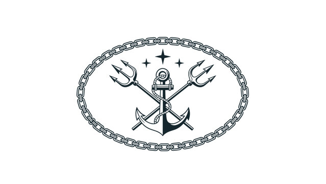 Marine themed emblem featuring a central anchor crossed with tridents inside a chain oval border with stars.