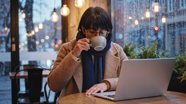 Woman works on laptop while drinking coffee in cozy cafe. Female uses computer and sips warm drink. Woman types on laptop with coffee cup. Professional works remotely in winter cafe atmosphere.