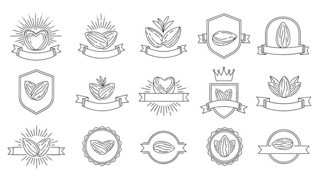 Set of line art almond themed logos and badges featuring wreaths shields and banners for nut product branding.