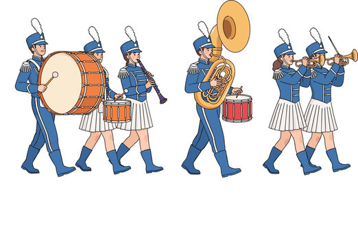 Marching Band Character Vector Illustration Set Featuring Musicians Playing Drums, Tuba, Clarinet, and Trumpet in Uniform for Parade and Event Design.