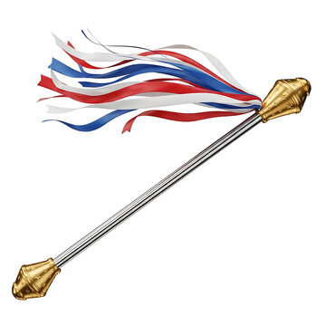 A polished chrome and gold baton gracefully decorated with flowing red, white, and blue ribbons, symbolizing national pride and celebratory events.
