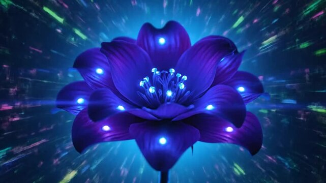 Futuristic Glowing Flower with Cyberpunk Lights in a Digital Abstract Background