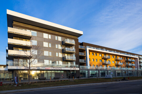 Quebec City, Quebec, Canada, April 26, 2026 - Horizontal view of the exterior of the modern glass building housing the Chartwell retirement residence L&rsquo;Envol at 1108 Chaudi&egrave;re boulevard