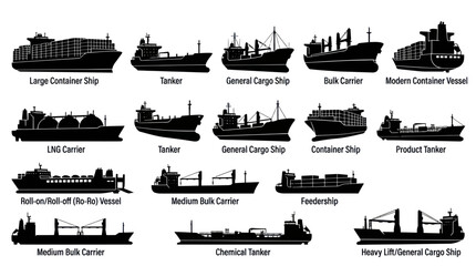 Fototapeta premium Diverse Ship Silhouettes: Industry, Logistics, Transportation, Shipping, Cargo, Marine Vessels