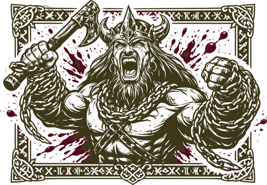Fierce Viking Axe Chain Rune Art illustration