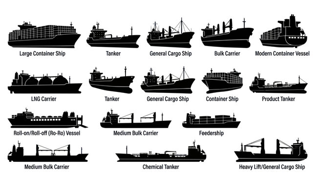 Diverse Ship Silhouettes: Industry, Logistics, Transportation, Shipping, Cargo, Marine Vessels