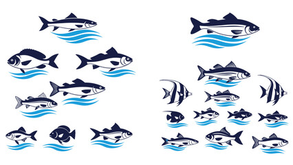 Fototapeta premium Stylized illustrations of various fish swimming over blue waves for seafood restaurant and aquatic life themes.