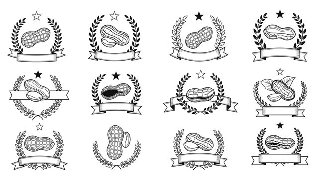 Elegant monochrome peanut logos featuring nuts within wreaths and ribbons with stars for snack food companies.