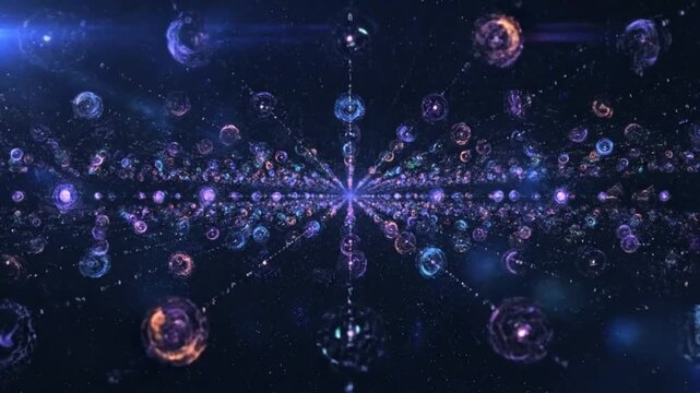 Abstract visualization of a multiverse with interconnected spheres and cosmic energy lines in deep space