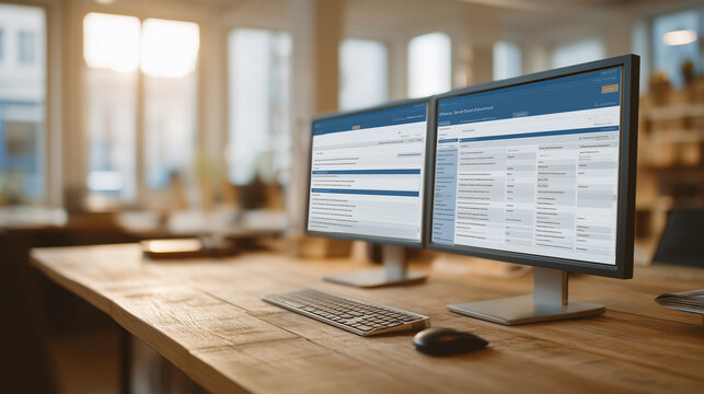 Regtech automated reporting module generates a regulatory submission file on a compliance officer's dual-monitor workstation. Over-the-shoulder view reveals categorized breach notification templates